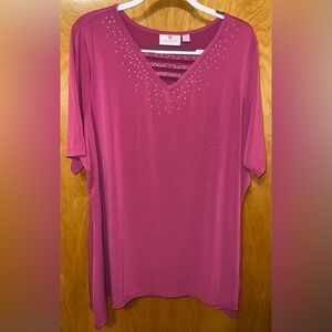 Quacker Factory deep pink jersey knit asymmetrical swing hem top with bling 2X